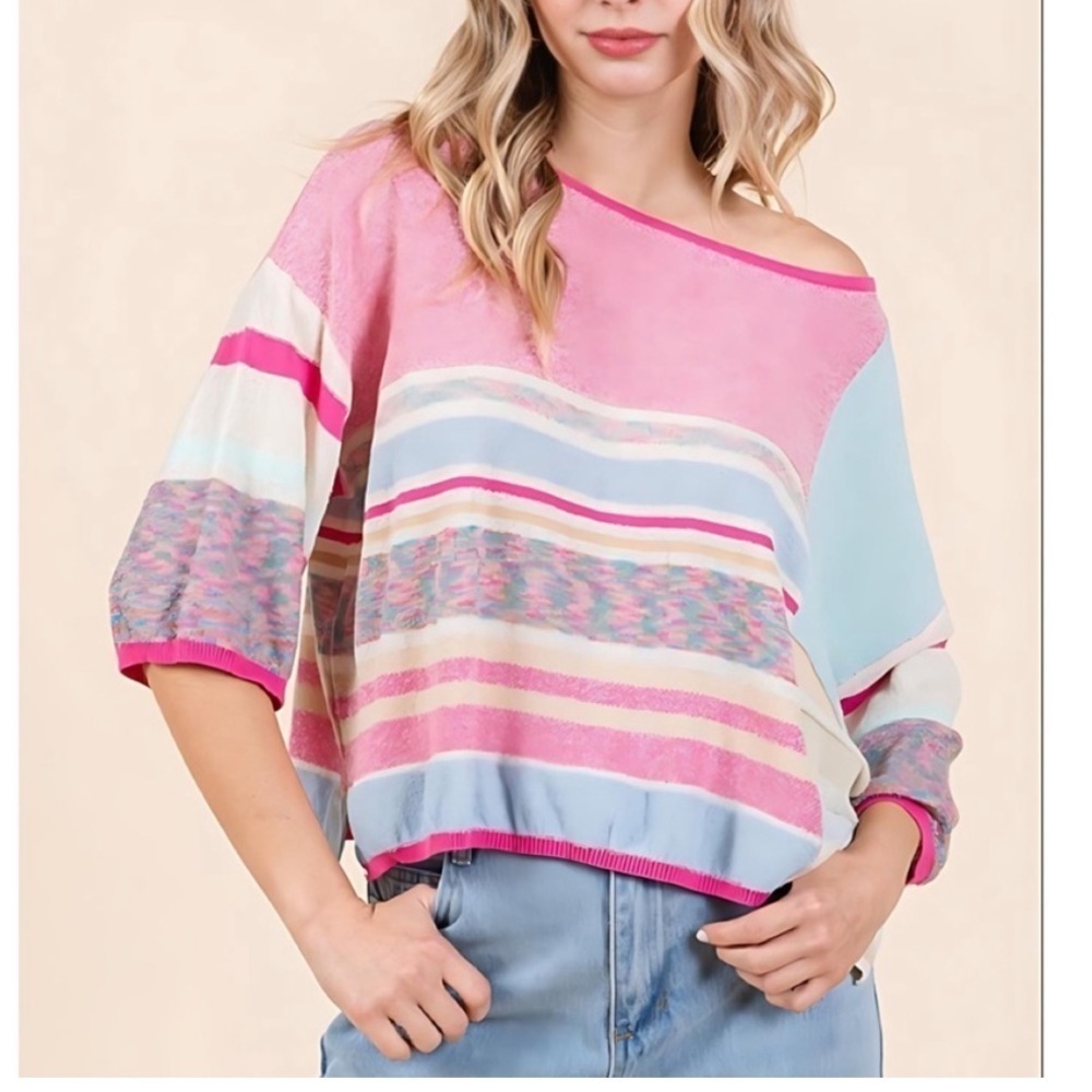 Fate | NWT Pink Color Block Striped Three-Quarter Sleeves Boatneck Sweater L